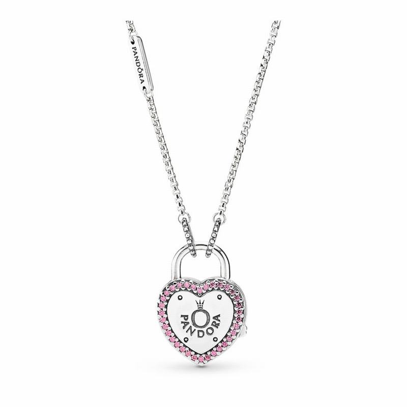 Pandora Lock Your Promise Necklace Ireland - Sterling Silver/Pink/Cubic Zirconia - 871062GNW